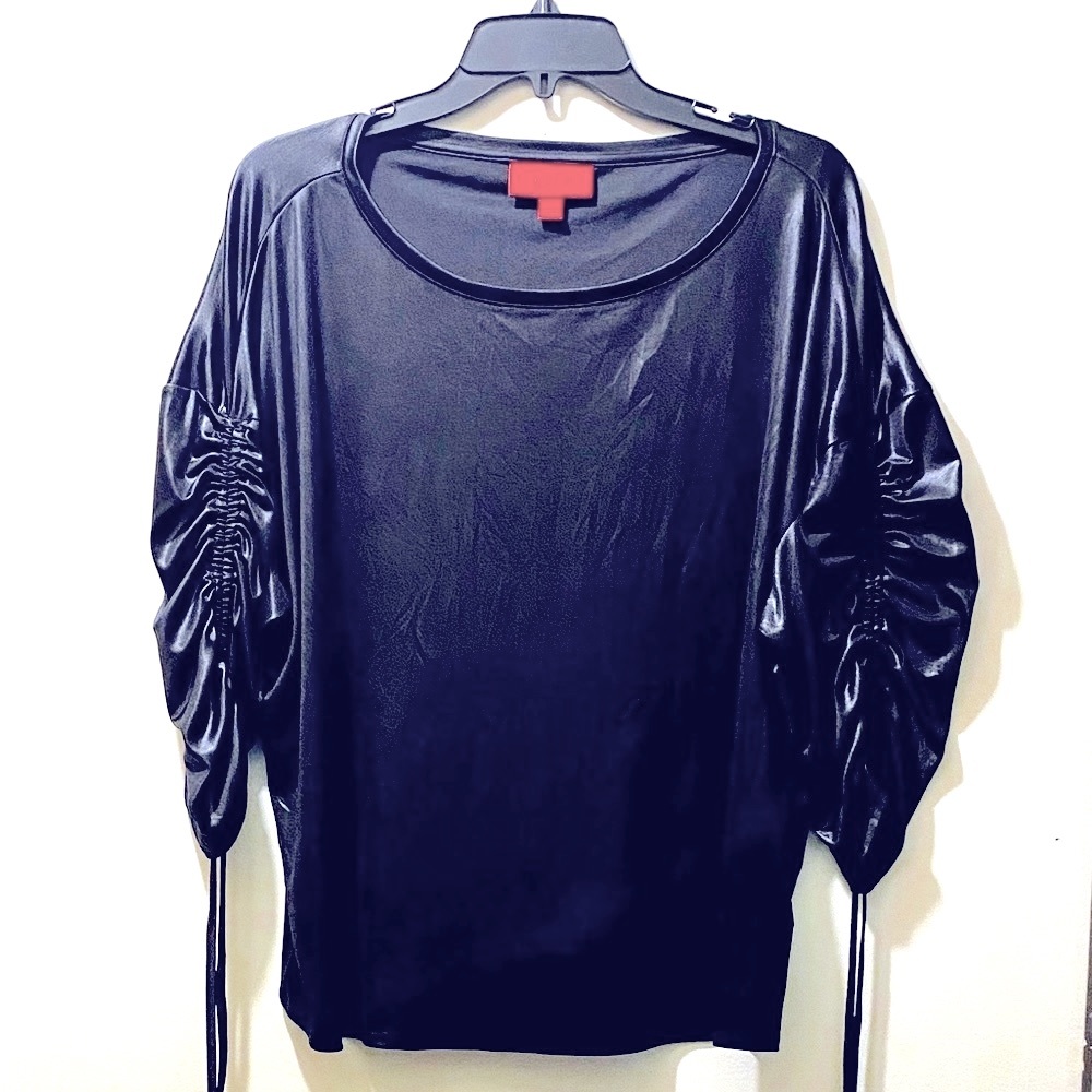 Jennifer Lopez~Ruched Sleeves Blackest Black stunning & sexy smooth Size(L) NWOT